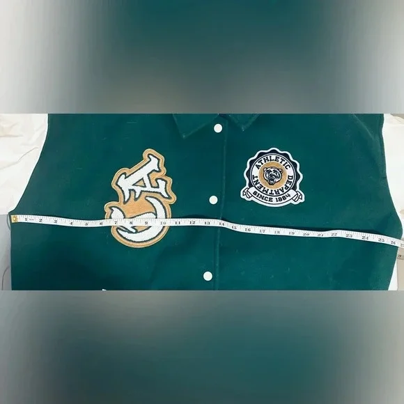 Garage | Varsity Jacket, Size M/L, Green with ivory white faux leather sleeves - Picture 9 of 10
